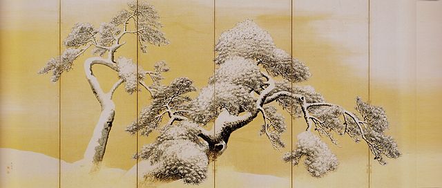 Pine Trees in Snow, left screen, by Maruyama Okyo