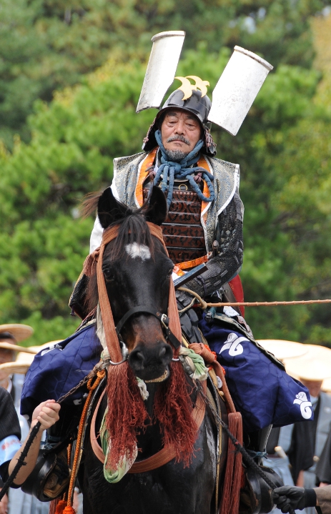 mounted samurai with interesting helmet