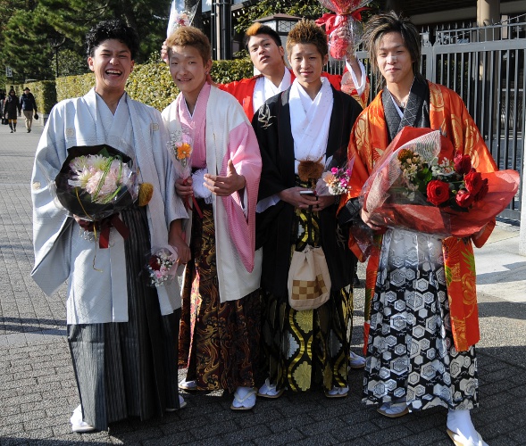 five boys in elaborate kimono and colorful hakama