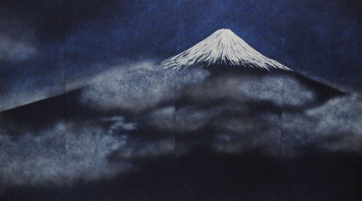 An image of Fujisan made with indigo (?) on cloth