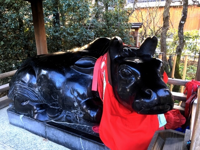 Statue of a black cow with red bib in Kitano Tenmangu.